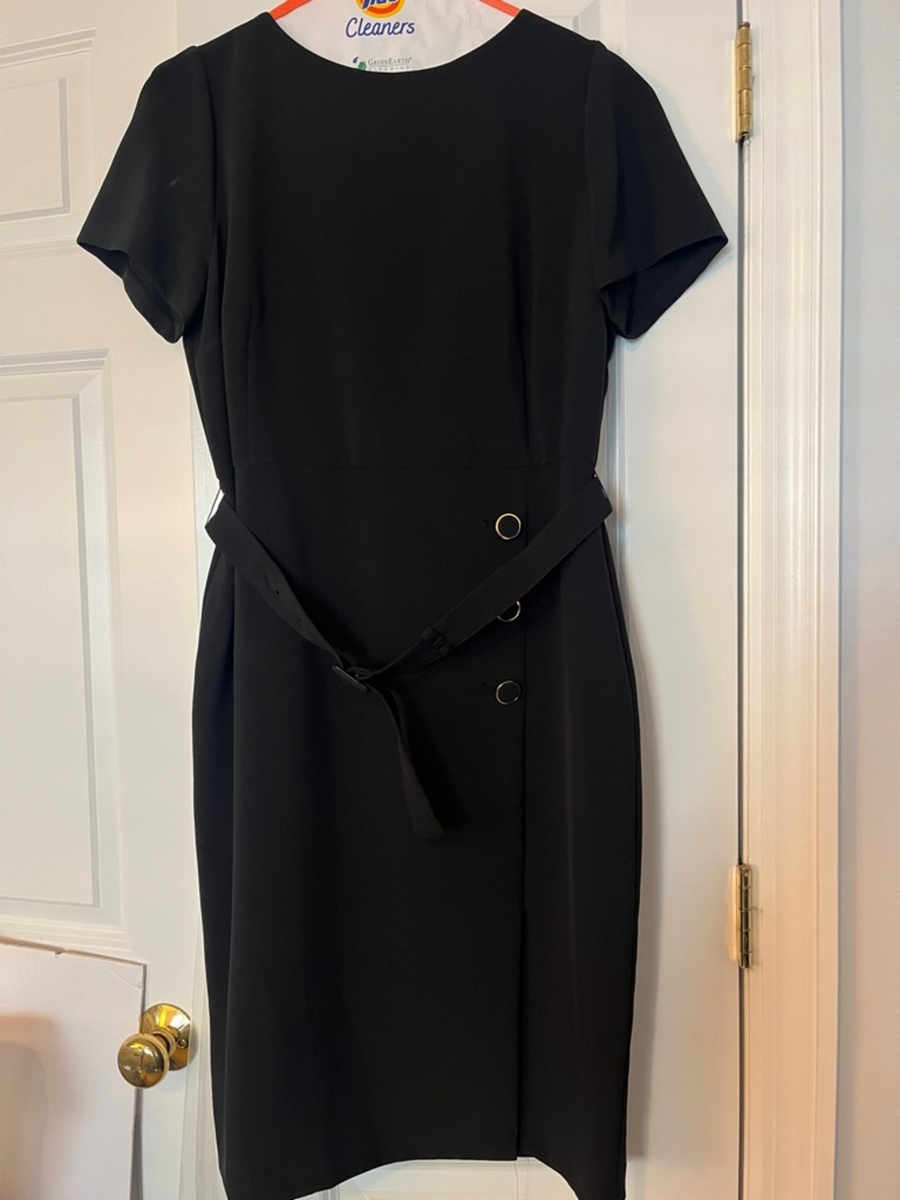 Ann Taylor Black Short-Sleeve Midi Sheath Dress with Belt Accents